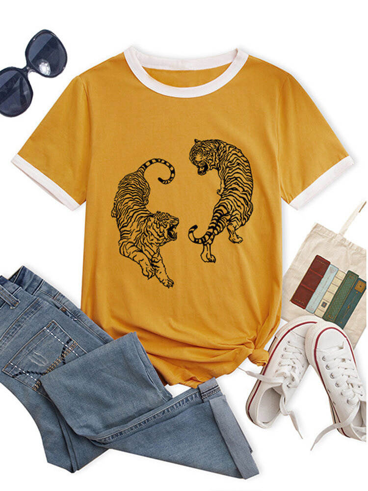 Tiger Graphic Contrast Color T-shirt