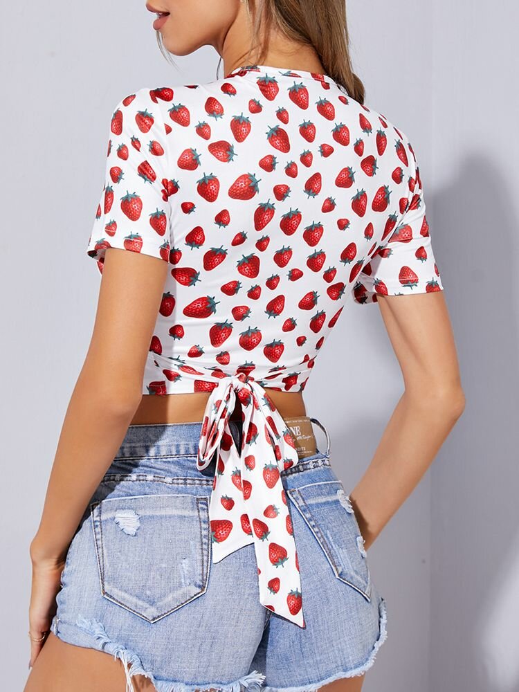 Strawberry V-neck Knotted Crop Top