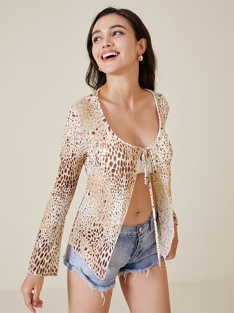Leopard Knotted Bell Sleeve Kimono