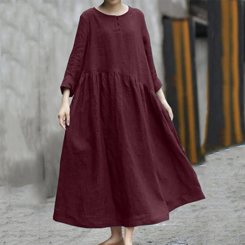 New Solid Color Cotton Linen Irregular Long Sleeve Dress