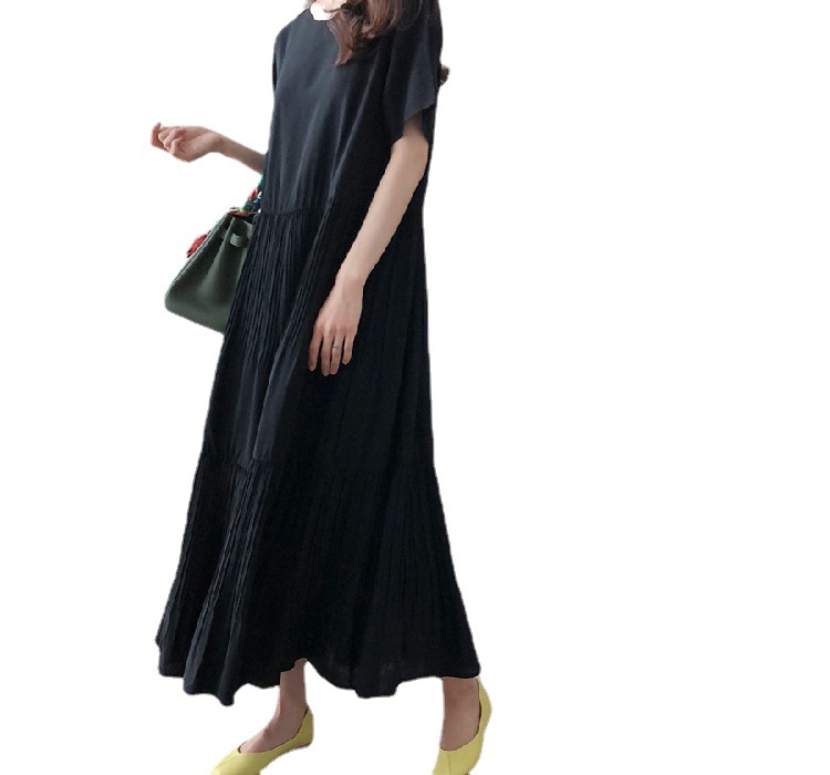 Solid color round neck literary cotton and linen loose dress