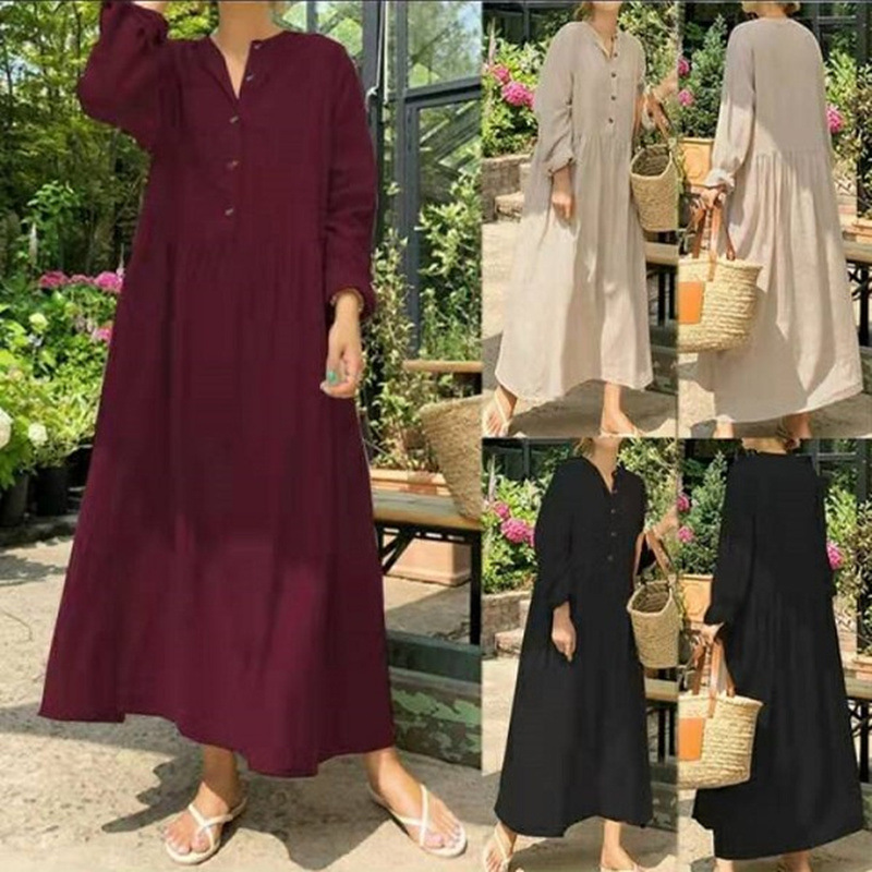 Large size loose cotton and linen solid color dress