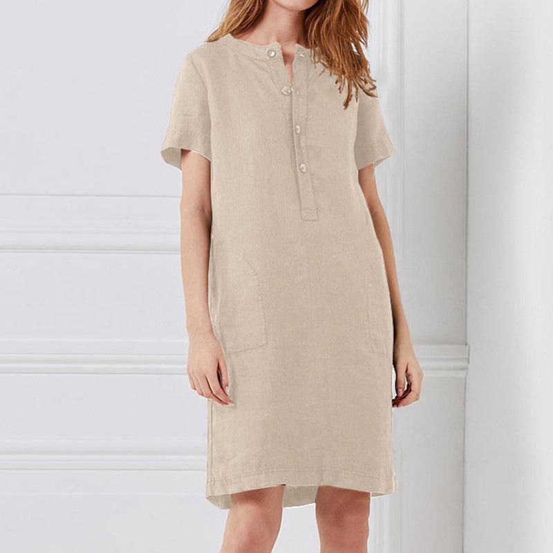 cotton linen loose short sleeve dress
