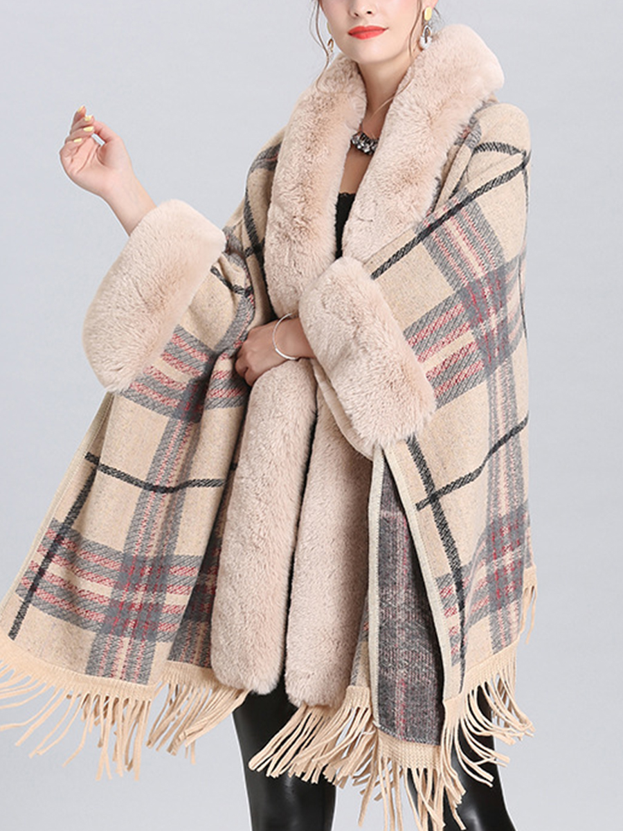 2021 European And American Large Size Loose Fur Collar Plaid Hooded Tassel  Knitted Cardigan Jacket Cape Shawl 1534#