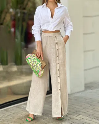 Spring and autumn new multi-button slit wide-leg pants high-waisted trousers