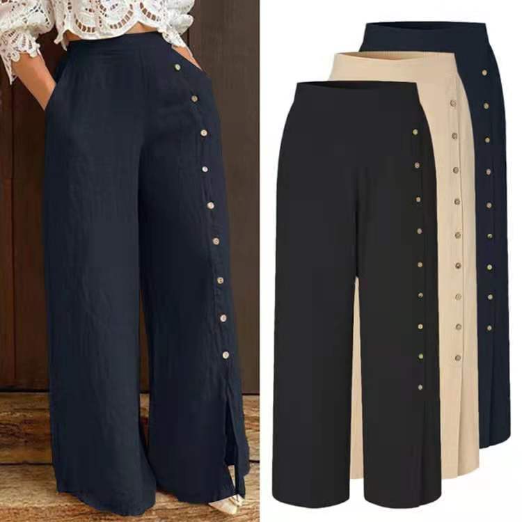 Spring and autumn new multi-button slit wide-leg pants high-waisted trousers