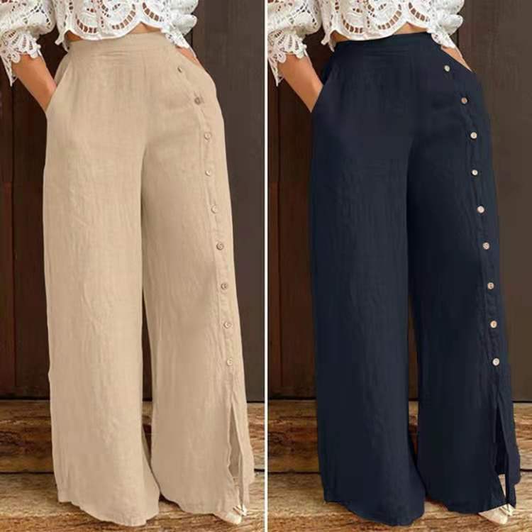 Spring and autumn new multi-button slit wide-leg pants high-waisted trousers