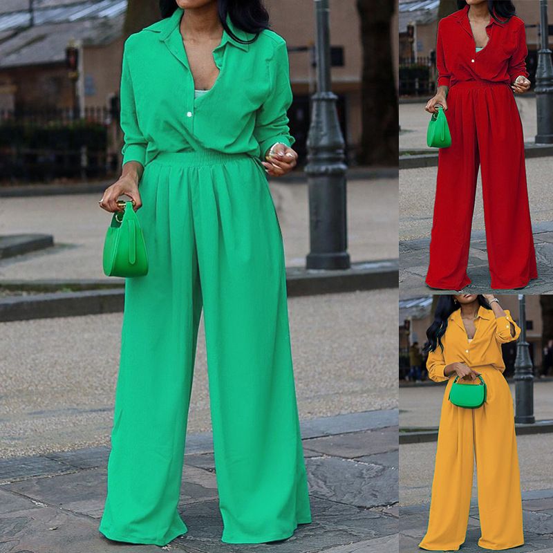 Two-piece shirt and wide-leg trousers