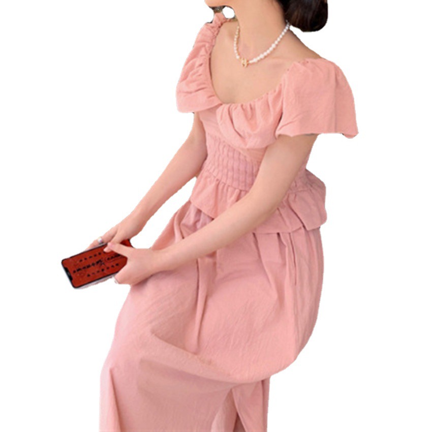 Peach Pink Top Cotton Linen Split Skirt Set