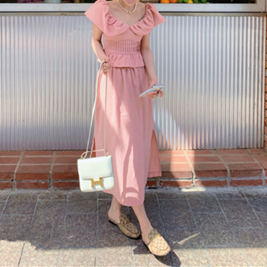 Peach Pink Top Cotton Linen Split Skirt Set