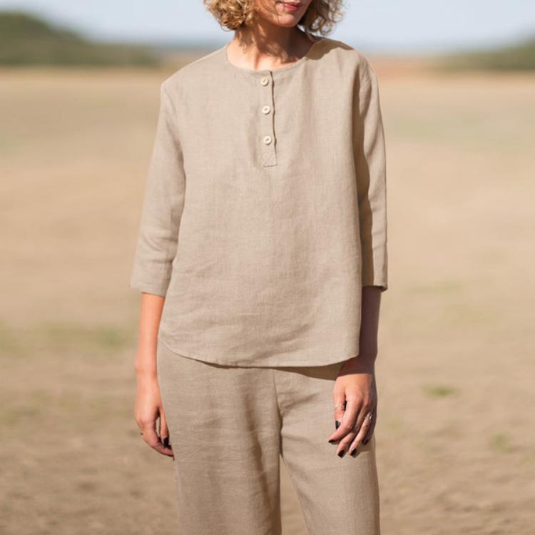 عارضة زر منتصف الأكمام جيب بلون القطن بدلة الكتان