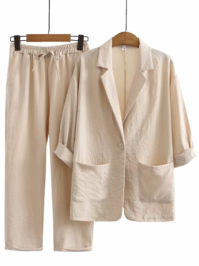 New Fashion Casual Cotton Linen Suit Top Pants Set