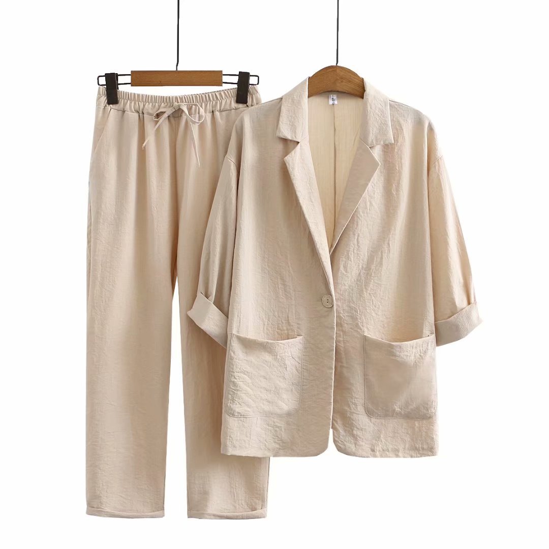 New Fashion Casual Cotton Linen Suit Top Pants Set