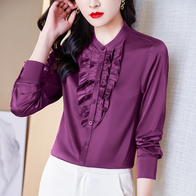 Long Sleeve Mulberry Silk Ruffle Top Silk Stand Collar Shirt