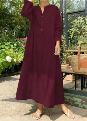 Large size loose cotton and linen solid color dress