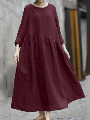 New Solid Color Cotton Linen Irregular Long Sleeve Dress