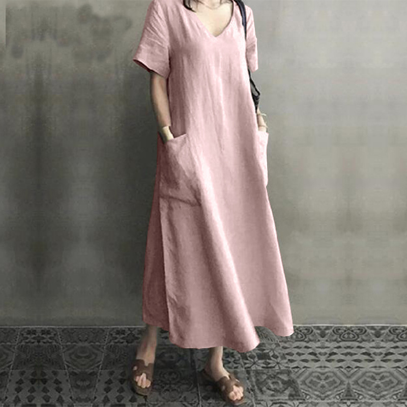 Literary retro cotton and linen V-neck large swing dress