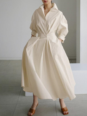 Šaty s elastickým pasem s klopou z bavlněného plátna