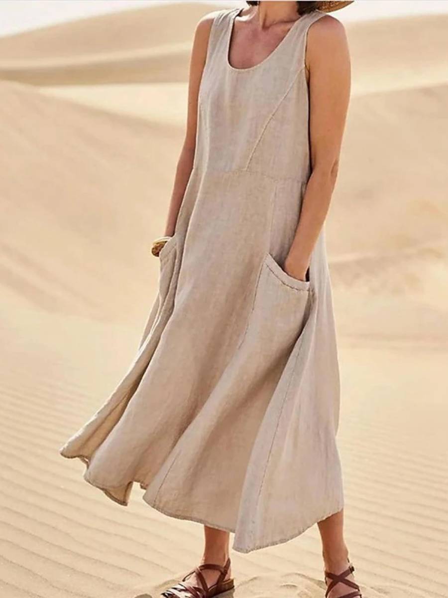 Pocket Solid Cotton Linen Midi Dress