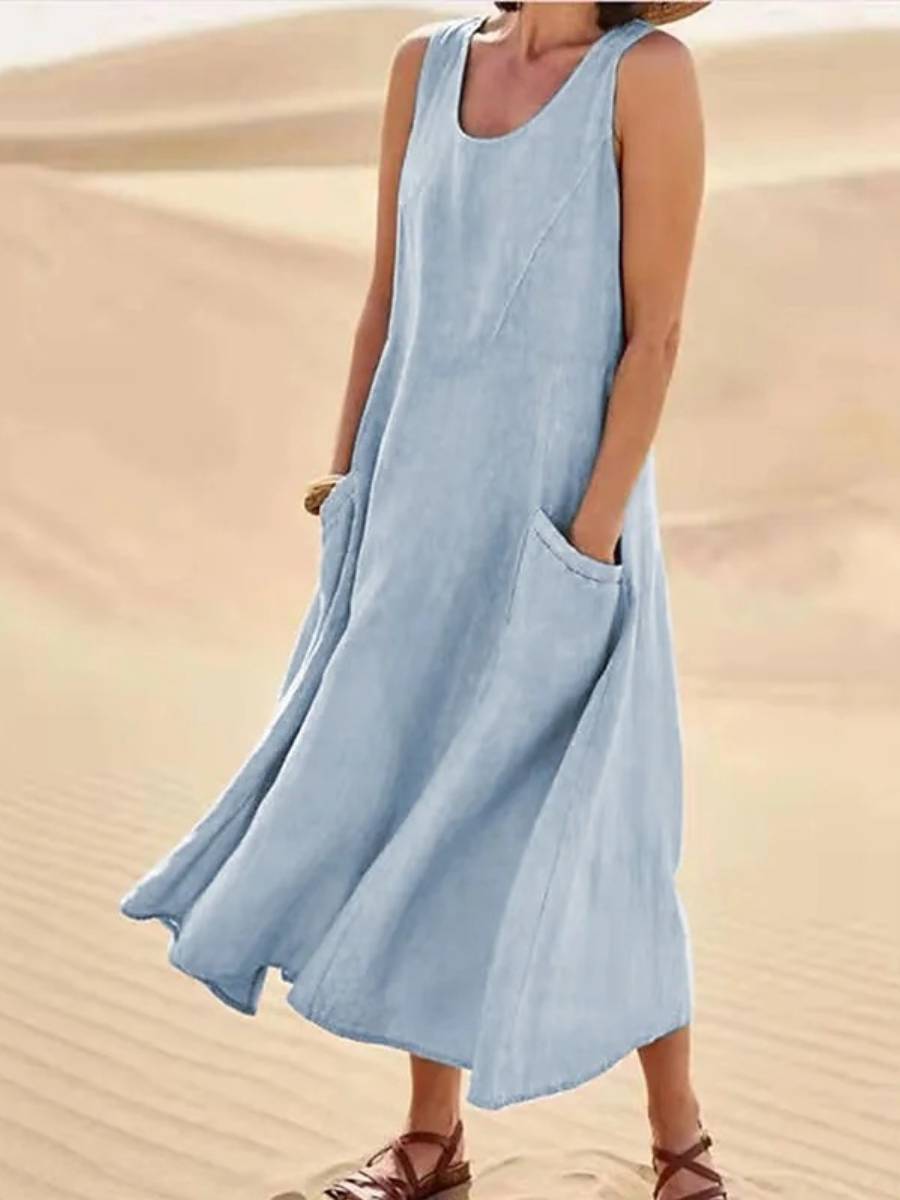Pocket Solid Cotton Linen Midi Dress