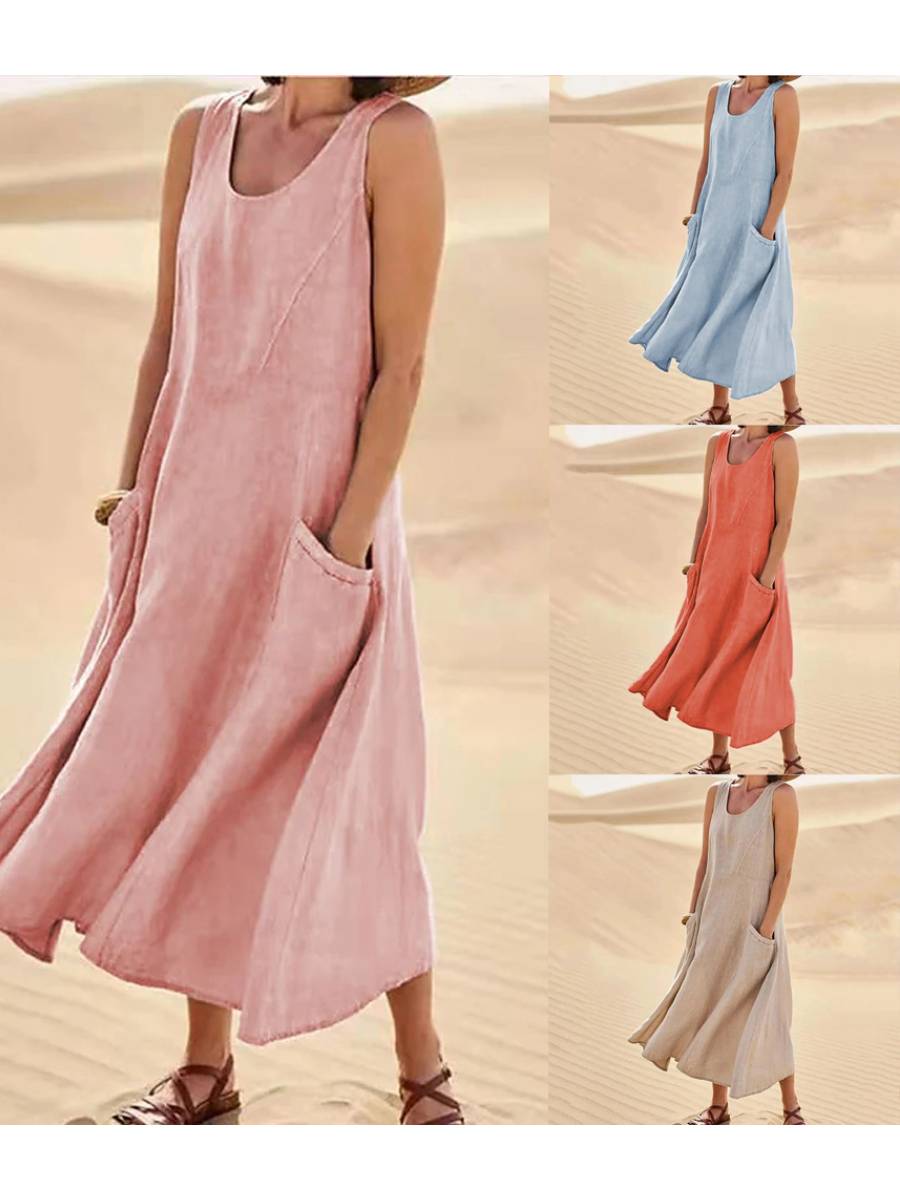 Pocket Solid Cotton Linen Midi Dress