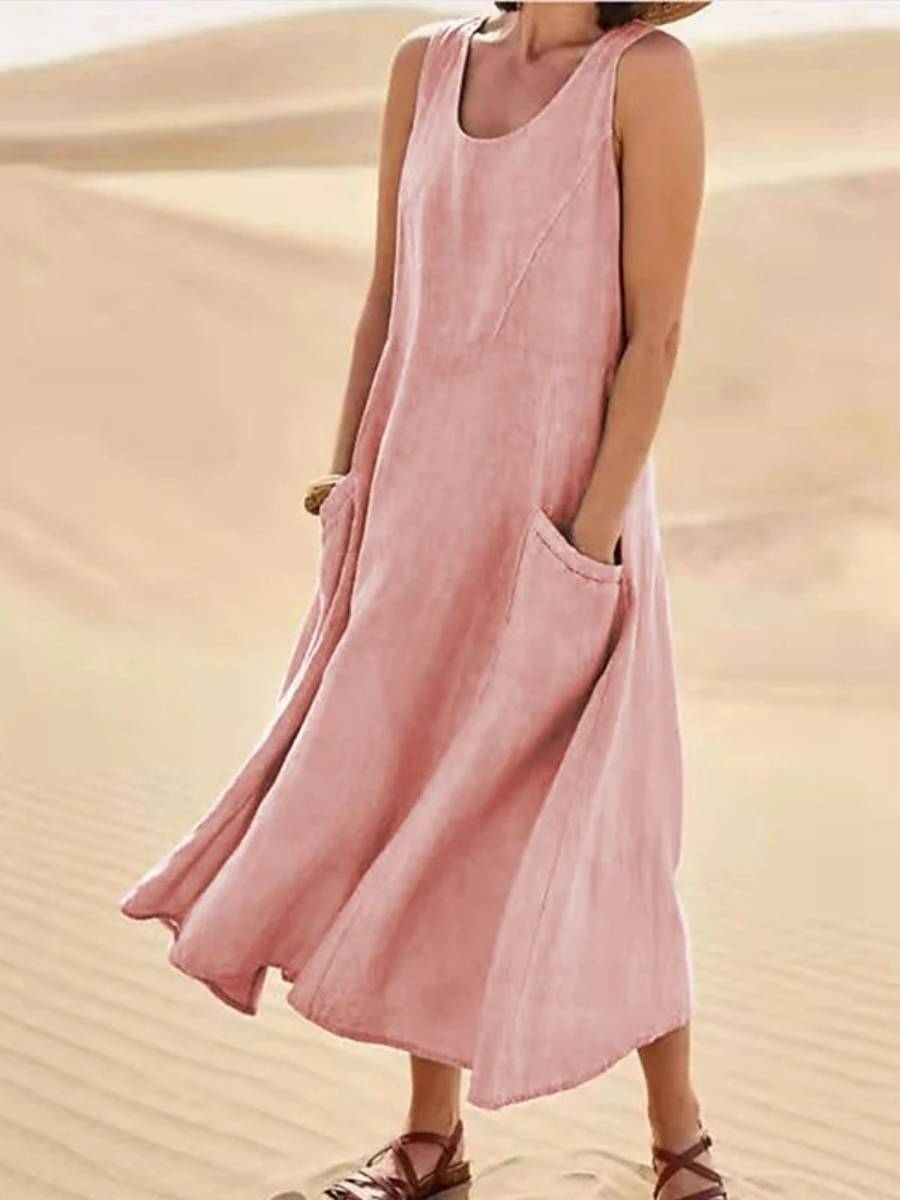 Pocket Solid Cotton Linen Midi Dress