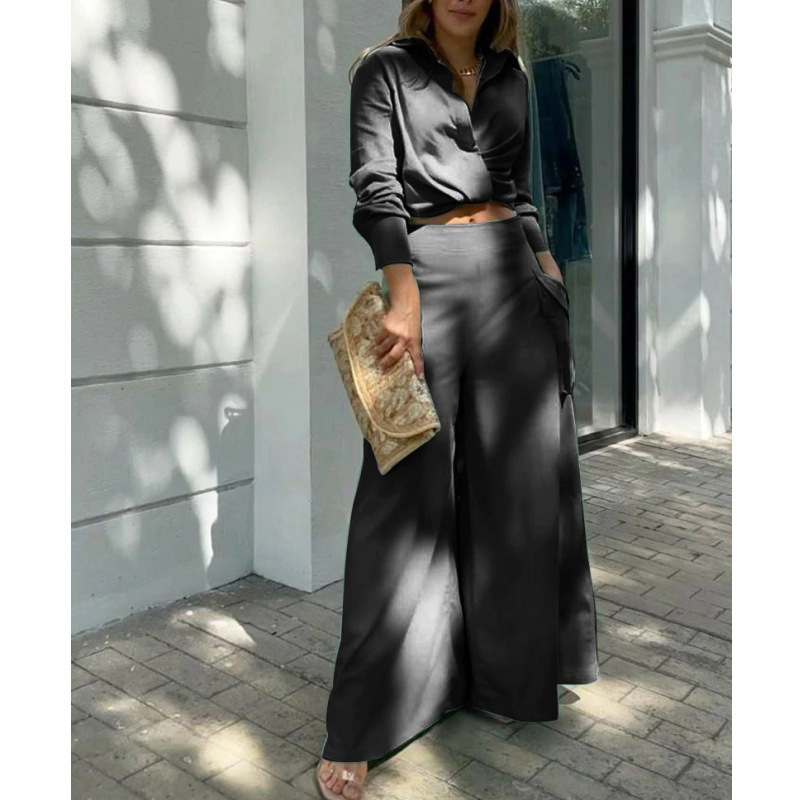 Solid Color Long Sleeve Shirt Wide Leg Pants Two Piece Set