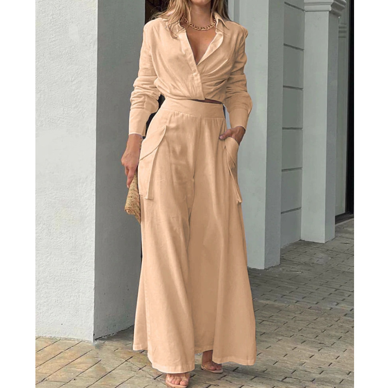 Solid Color Long Sleeve Shirt Wide Leg Pants Two Piece Set