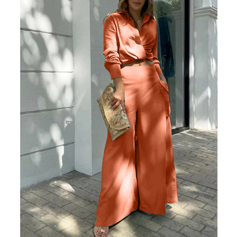 Solid Color Long Sleeve Shirt Wide Leg Pants Two Piece Set