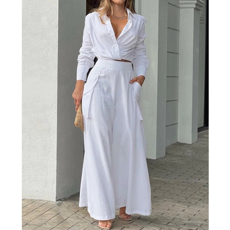 Solid Color Long Sleeve Shirt Wide Leg Pants Two Piece Set