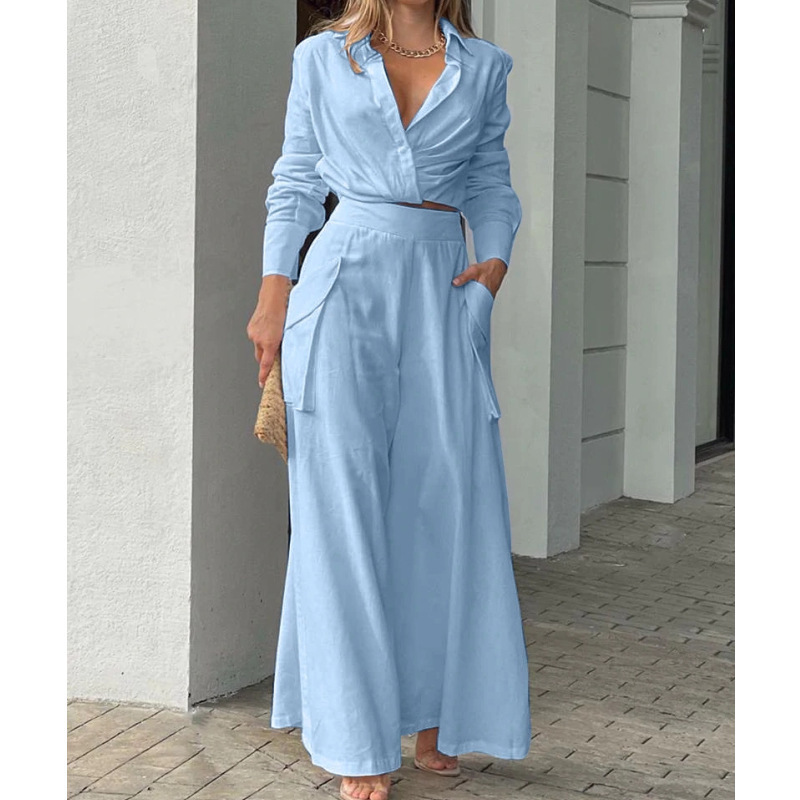 Solid Color Long Sleeve Shirt Wide Leg Pants Two Piece Set