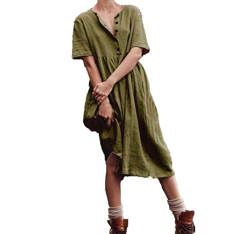 Solid Color Short Sleeve Cotton Linen Dress Swing Skirt