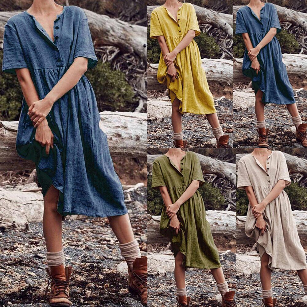 Solid Color Short Sleeve Cotton Linen Dress Swing Skirt