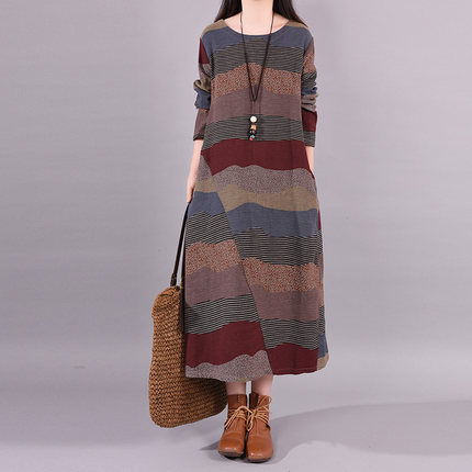 Round Neck Long Sleeve Casual Loose Large Size Cotton Linen Dress