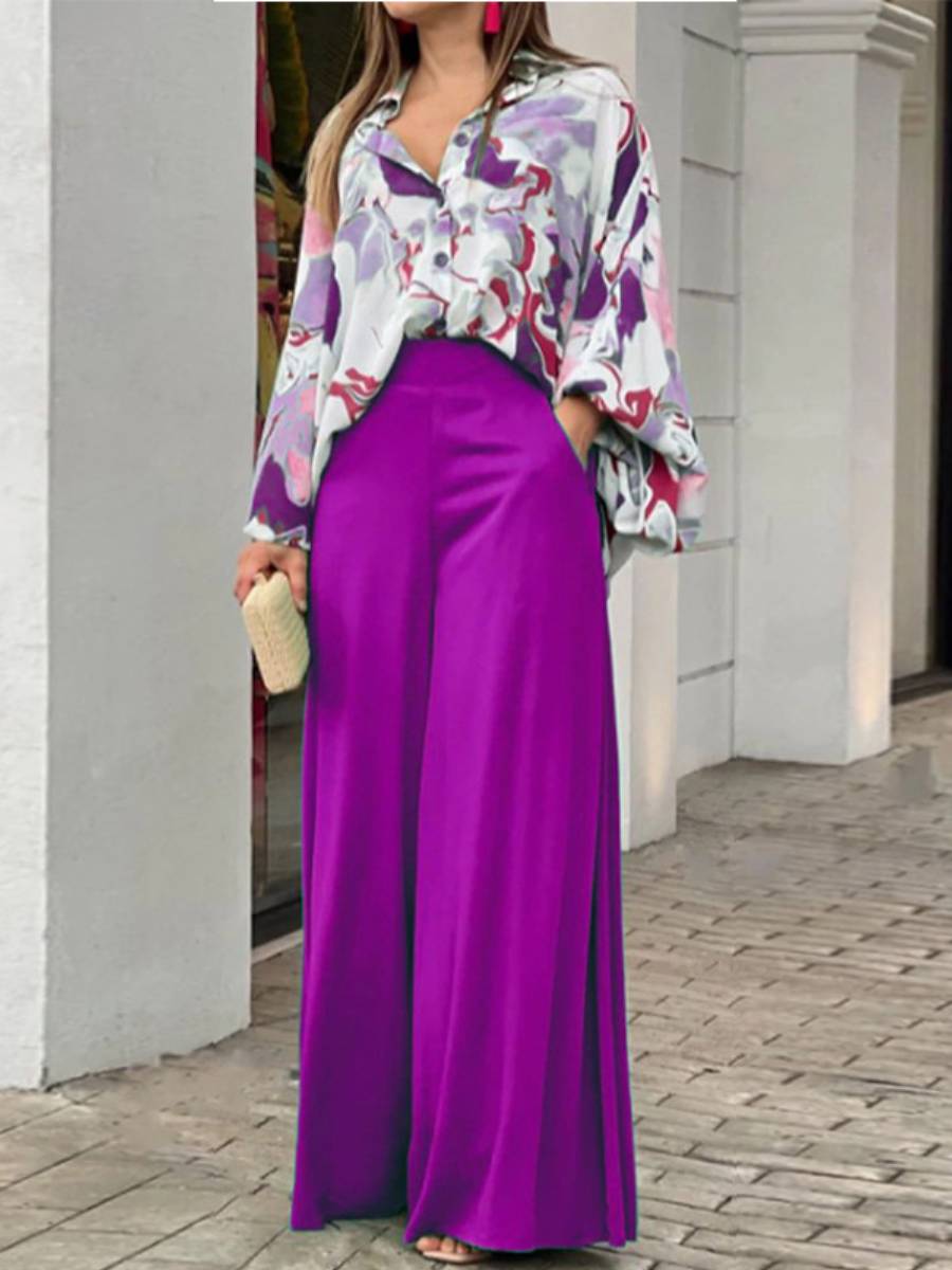 Two-piece casual printed shirt - wide-leg pants
