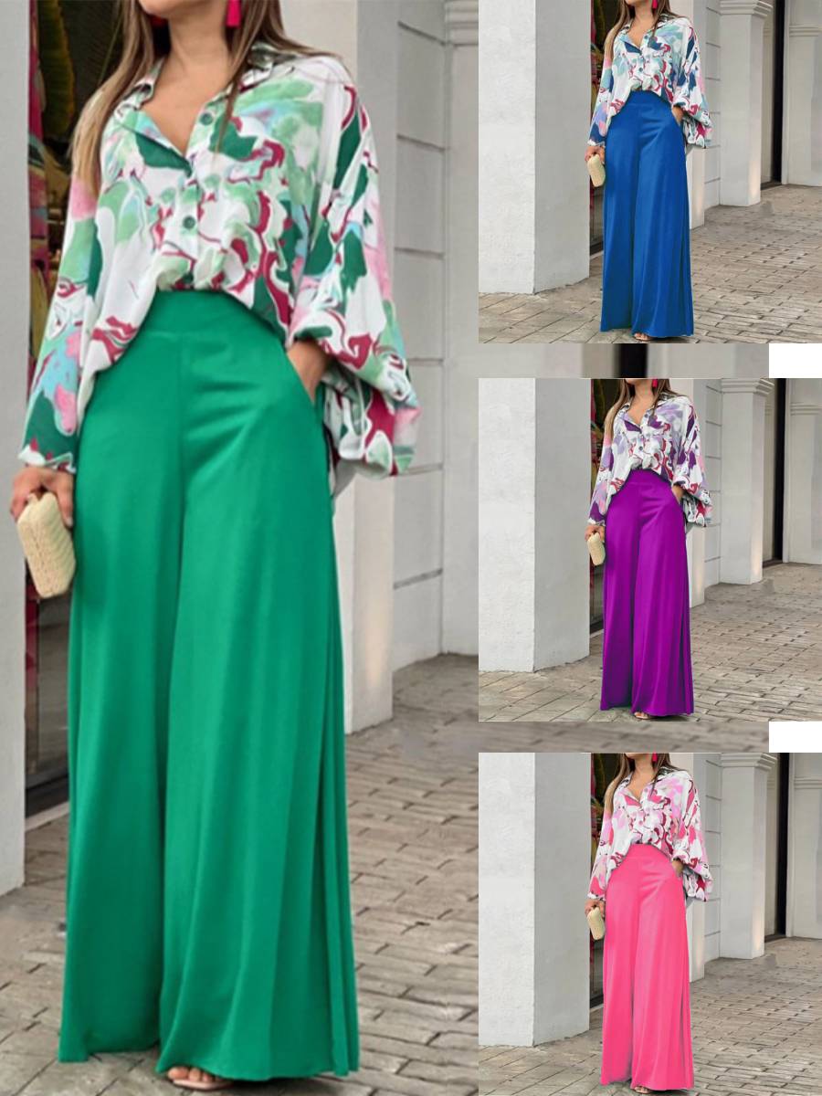 Two-piece casual printed shirt - wide-leg pants