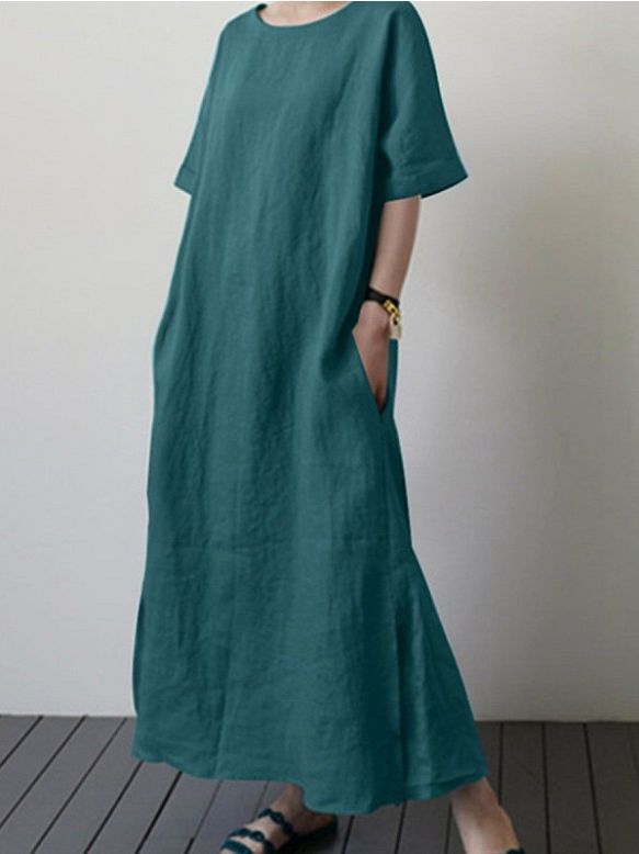 Solid color cotton and linen round neck long dress