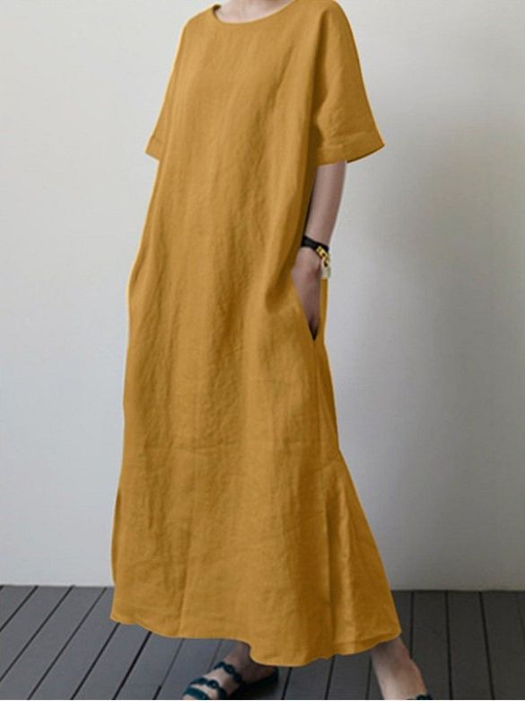 Solid color cotton and linen round neck long dress