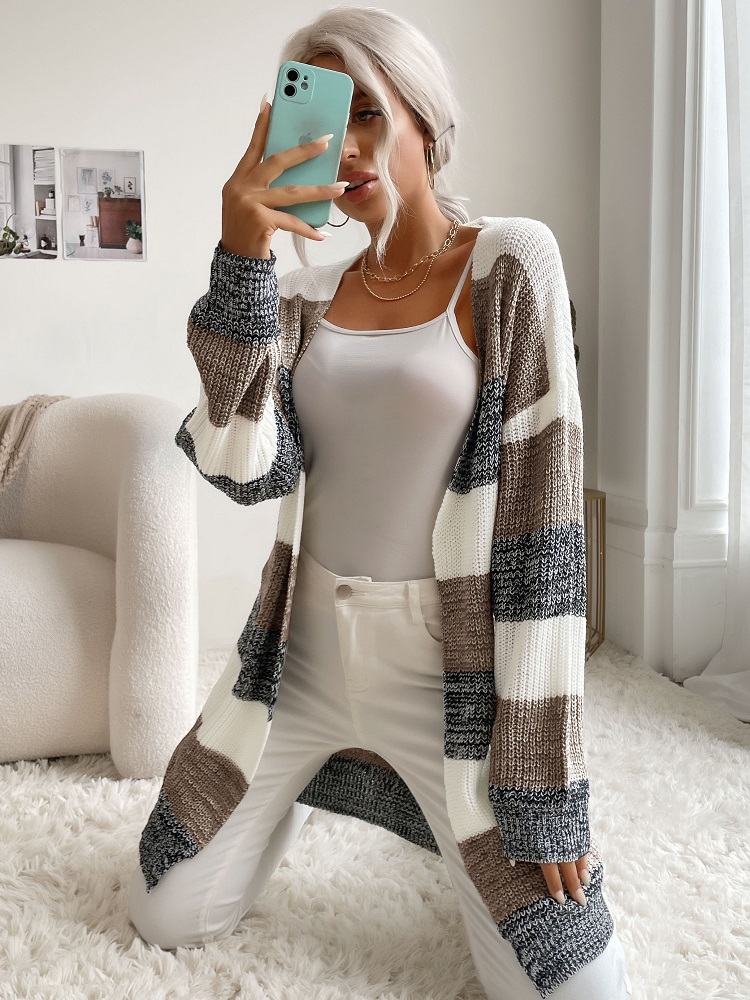 Colorblock cuff sleeve open front knit cardigans