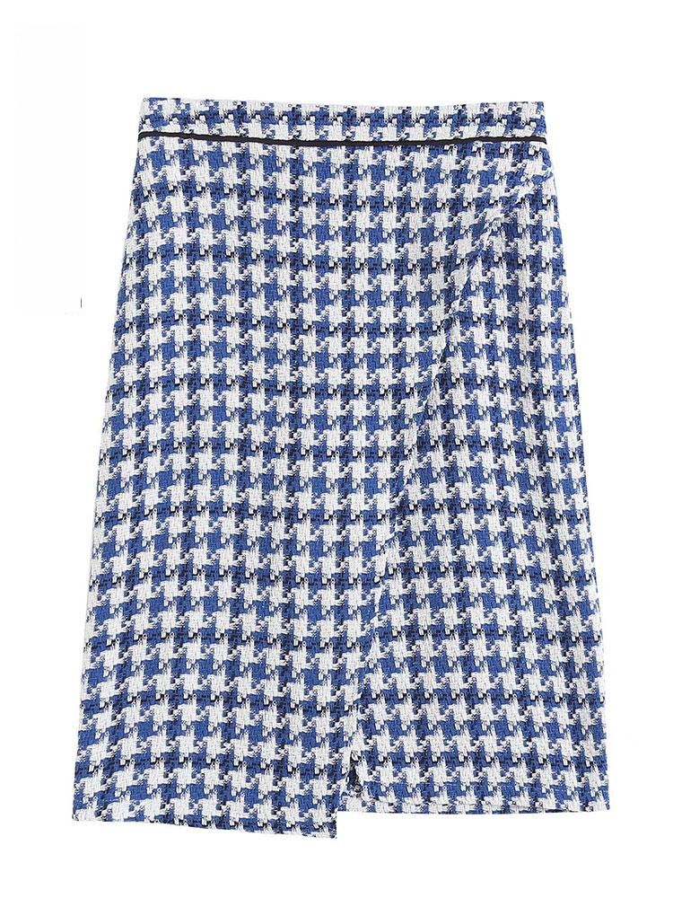 طباعة Houndstooth التنانير عالية الخصر القطن غير المتماثل