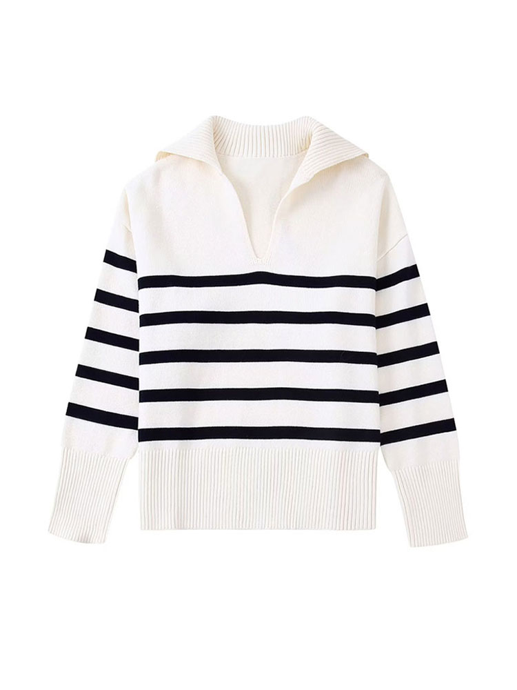 Chic striped collar long sleeve loose spring fall daily pullovers