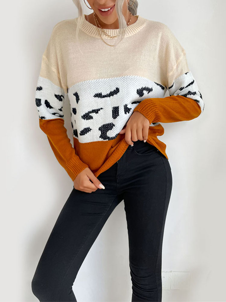 Colorblock leopard round neck long sleeve sweater
