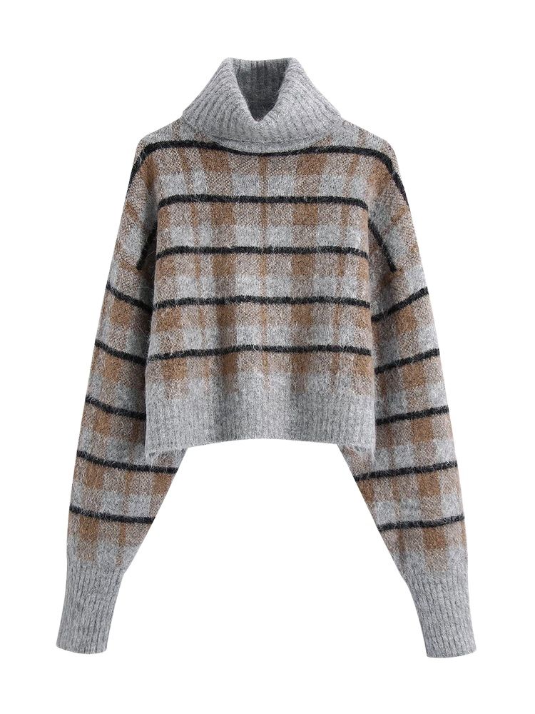 Plaid high neck wool long sleeve pullovers