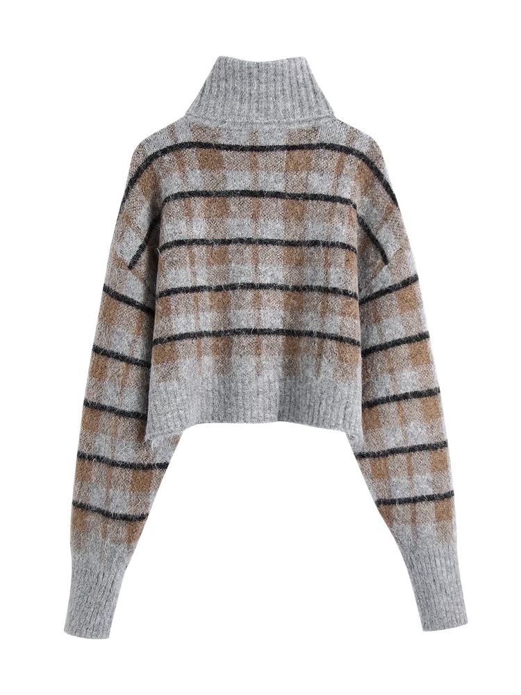 Plaid high neck wool long sleeve pullovers