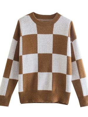 Kostkovaný pletený svetr s kulatým výstřihem a dlouhým rukávem s barevným blokem