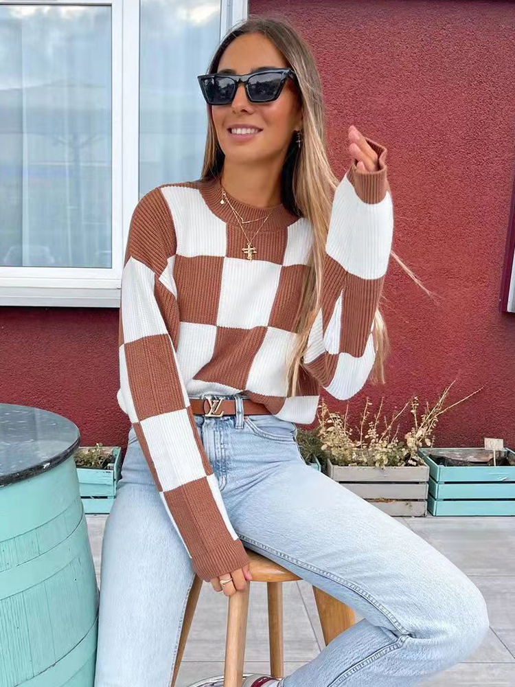 Checkered colorblock round neck long sleeve knitted pullover