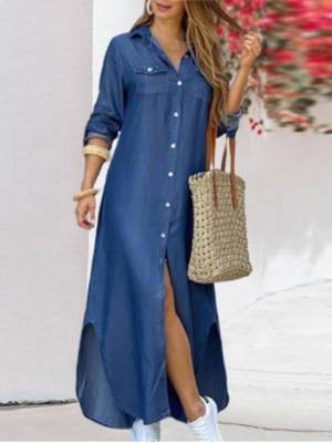Stylish Collared Plain Blue Maxi Dress