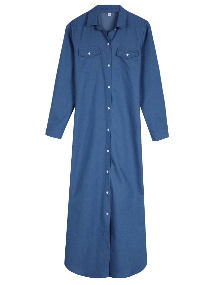 Stylish Collared Plain Blue Maxi Dress