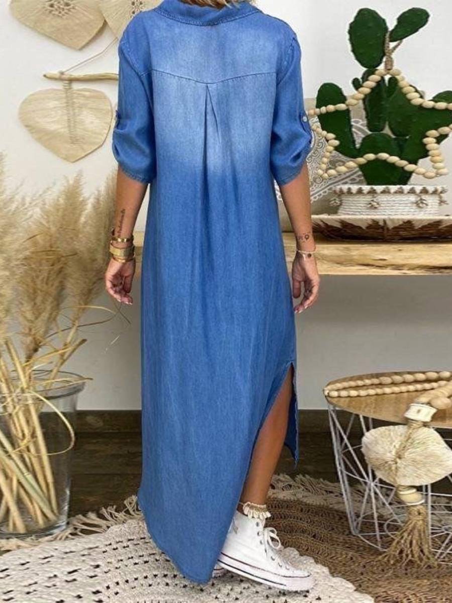 Stylové modré Maxi šaty s límečkem