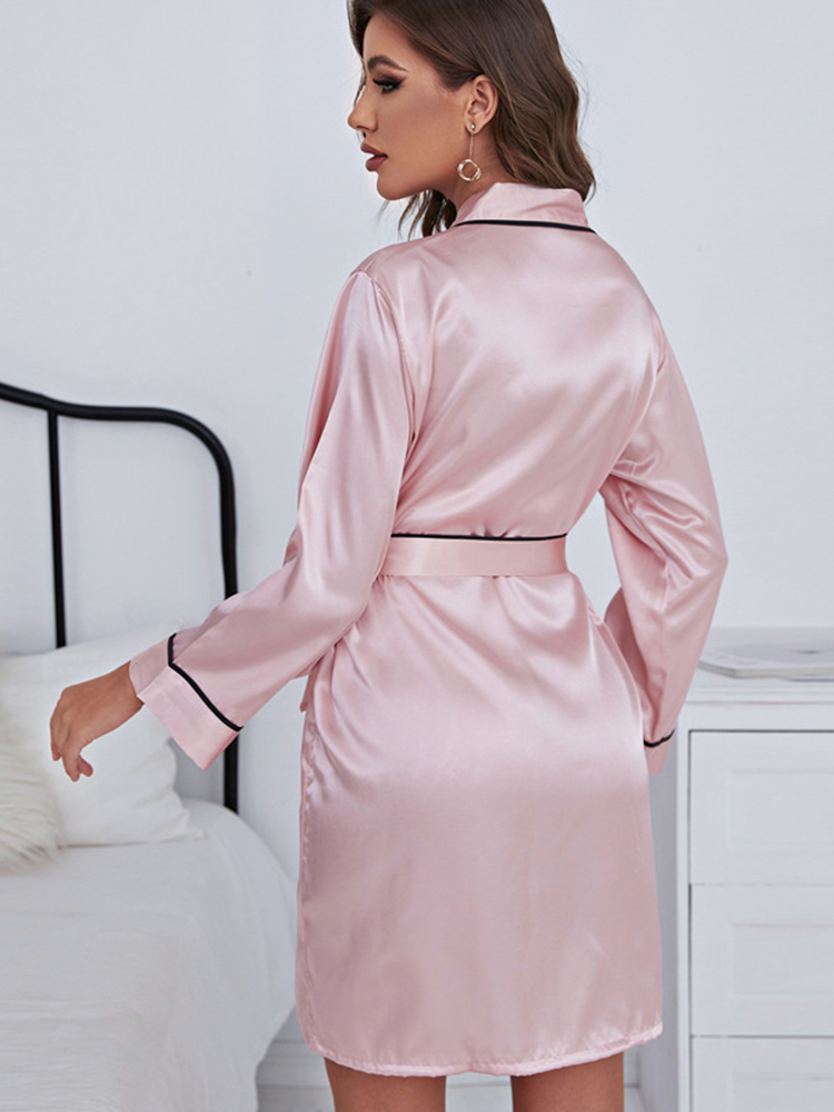 Silky pink blue belted long sleeve loungewear pajamas robe